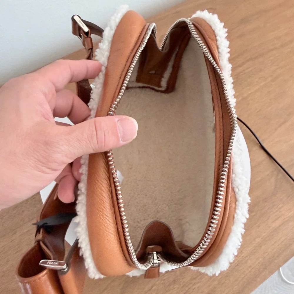Prada Bandoliera Montone Shearling Leather Crossbody Bag Cognac 2VH181